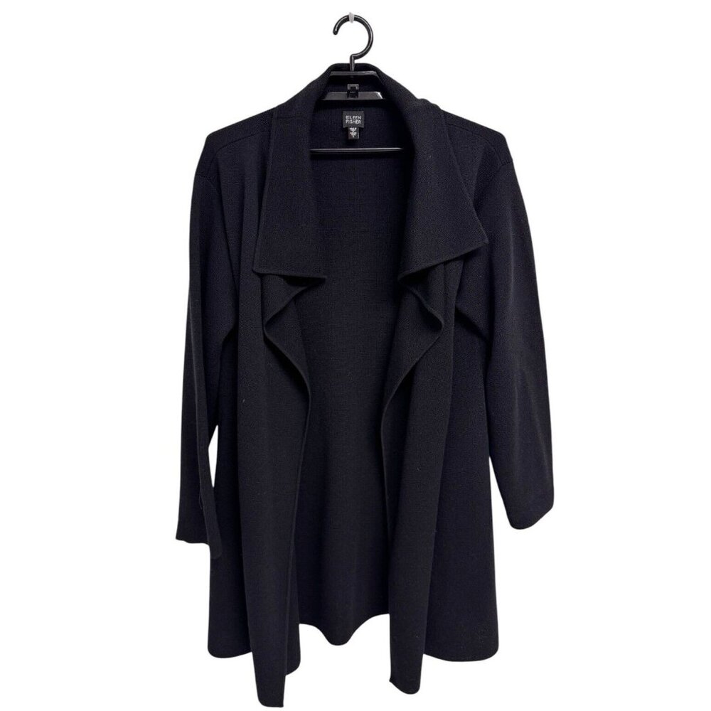 Eileen Fisher Italian yard drape cardigan long sweater black 100% wool size L